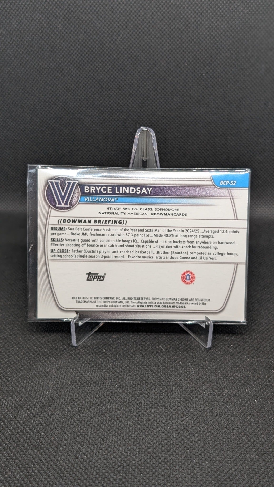 Bryce Lindsay 2025-26 Bowman #BCP-52 Chrome Prospects NBA basketball card