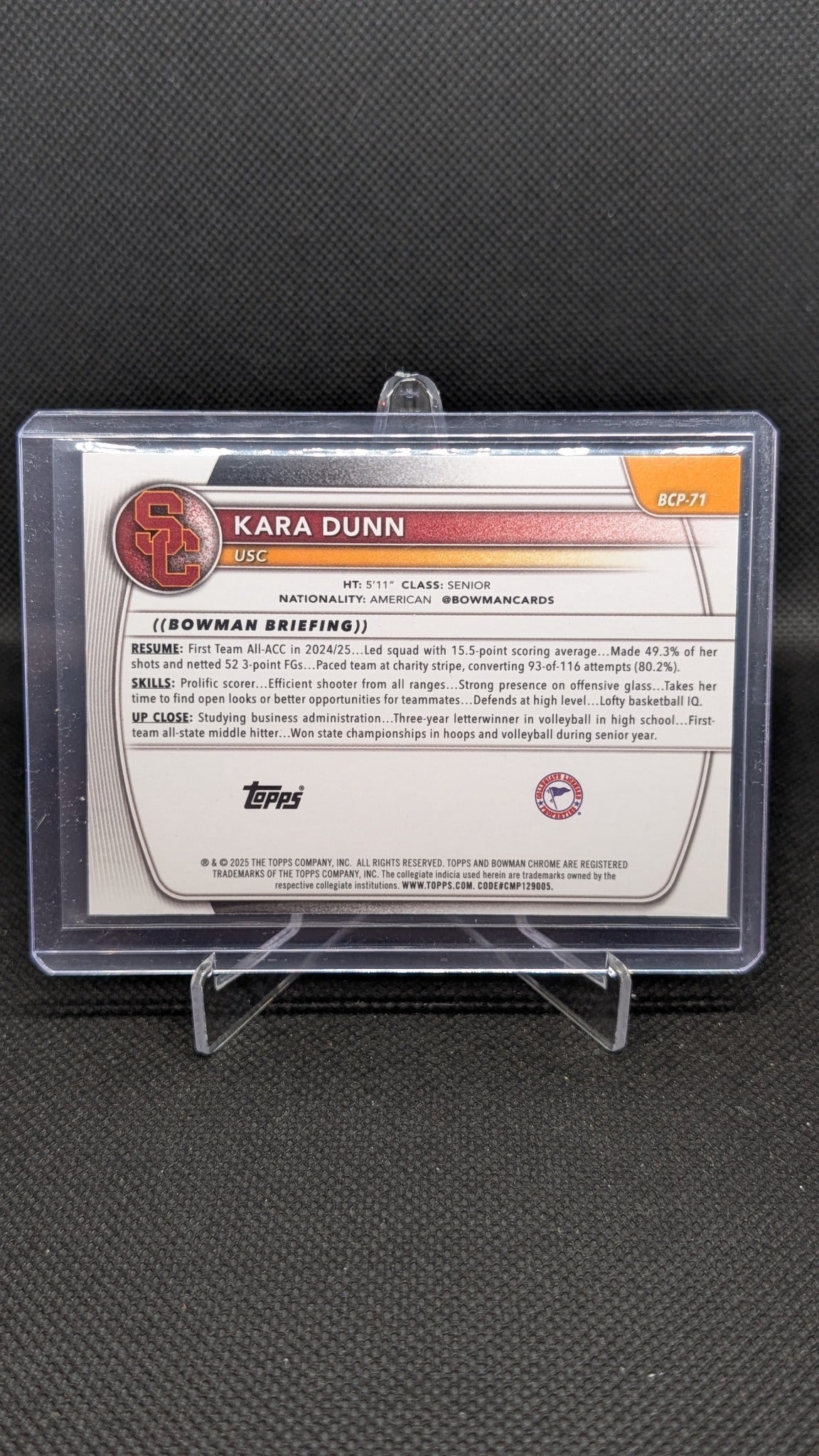 Kara Dunn 2025-26 Bowman #BCP-71 Chrome Prospects Yellow Mojo Refractor #/75 NBA basketball card