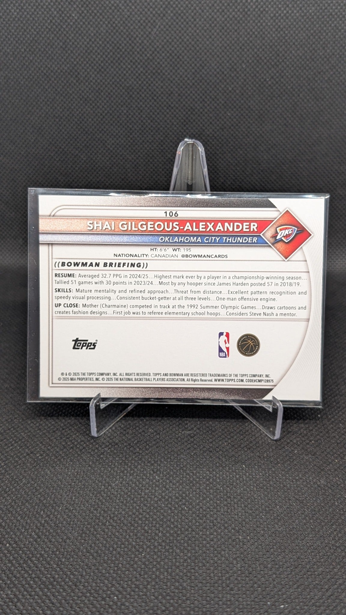 Shai Gilgeous-Alexander 2025-26 Bowman #106 NBA basketball card