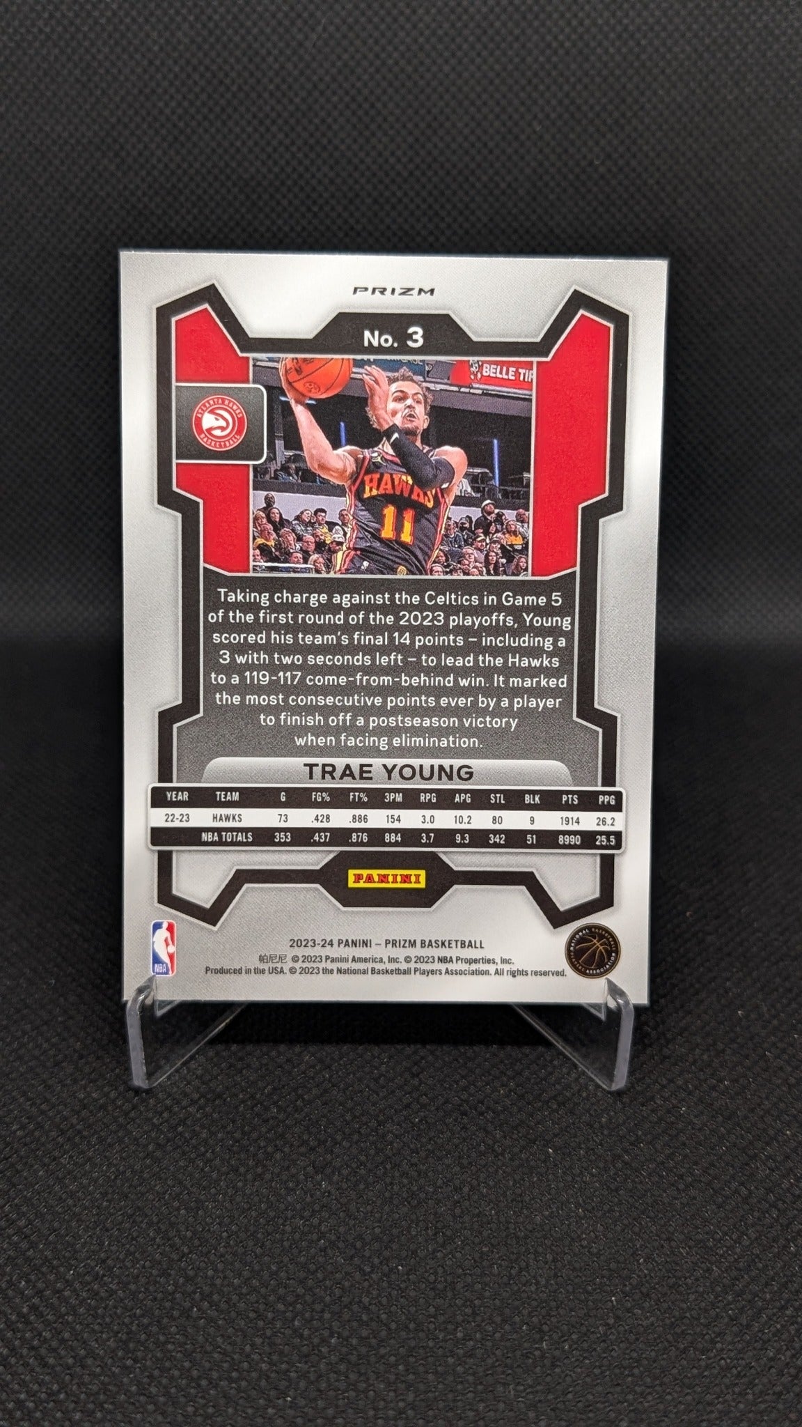 Trae Young 2023-24 Panini Prizm #3 Prizms Red White and Blue NBA basketball card