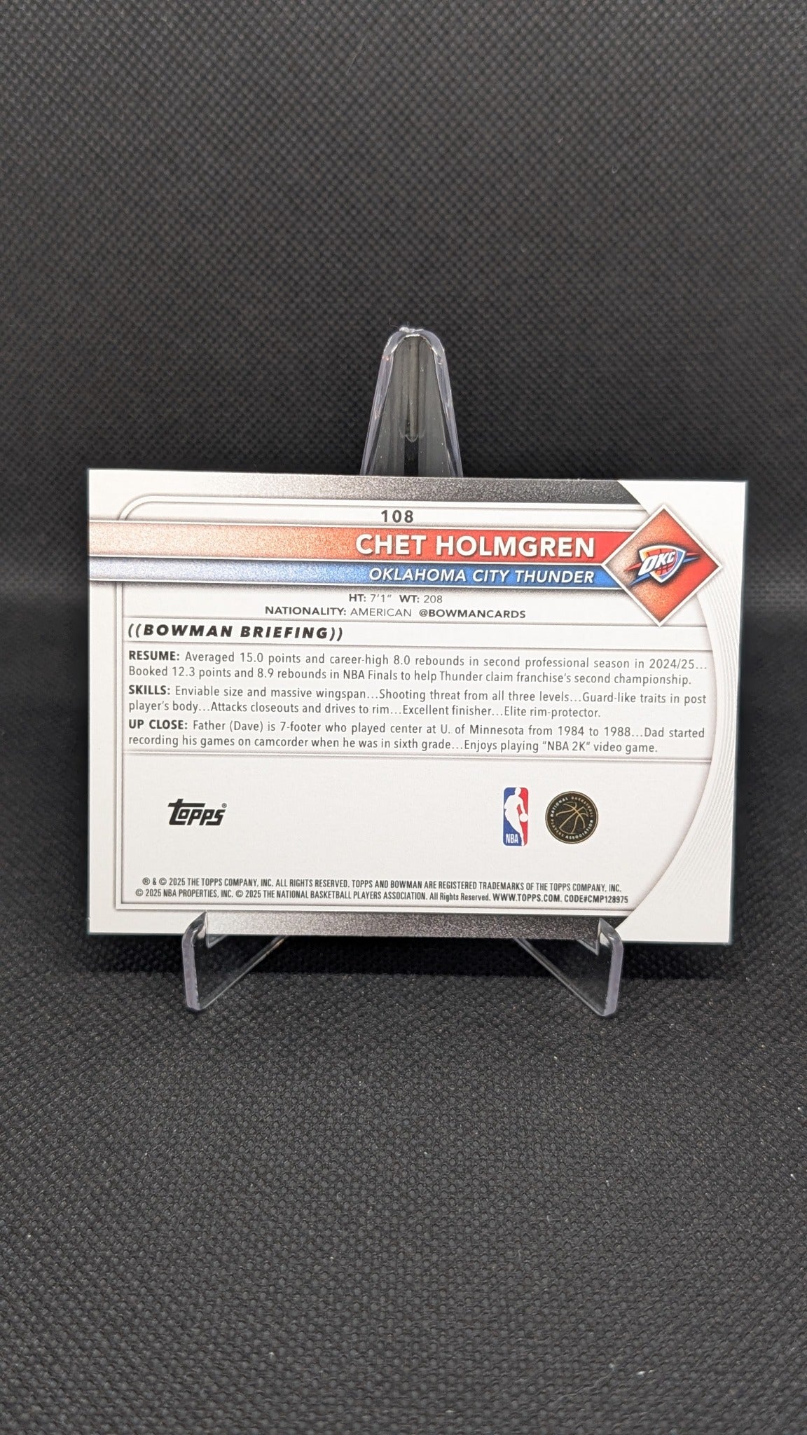 Chet Holmgren 2025-26 Bowman #108 NBA basketball card