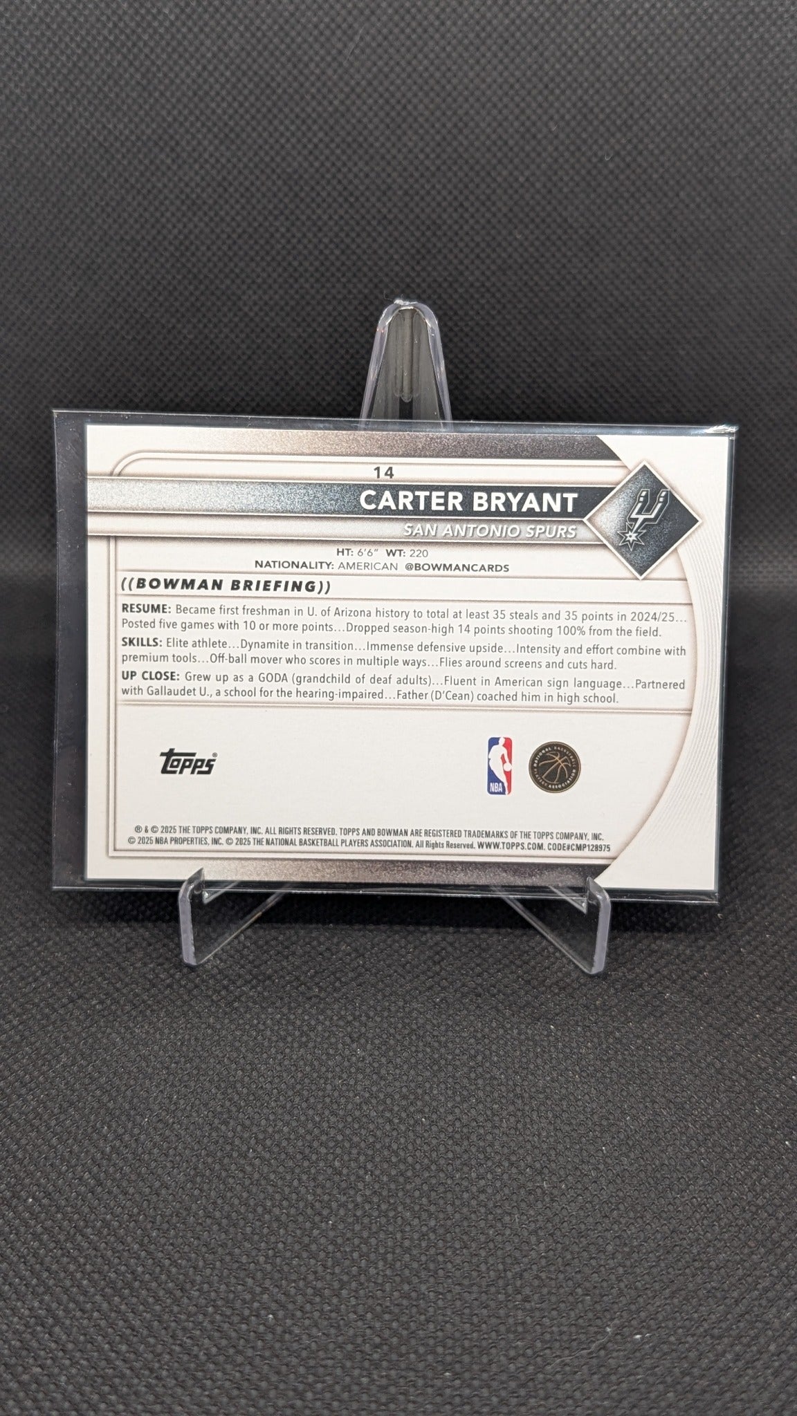 Carter Bryant 2025-26 Bowman #14 NBA basketball card