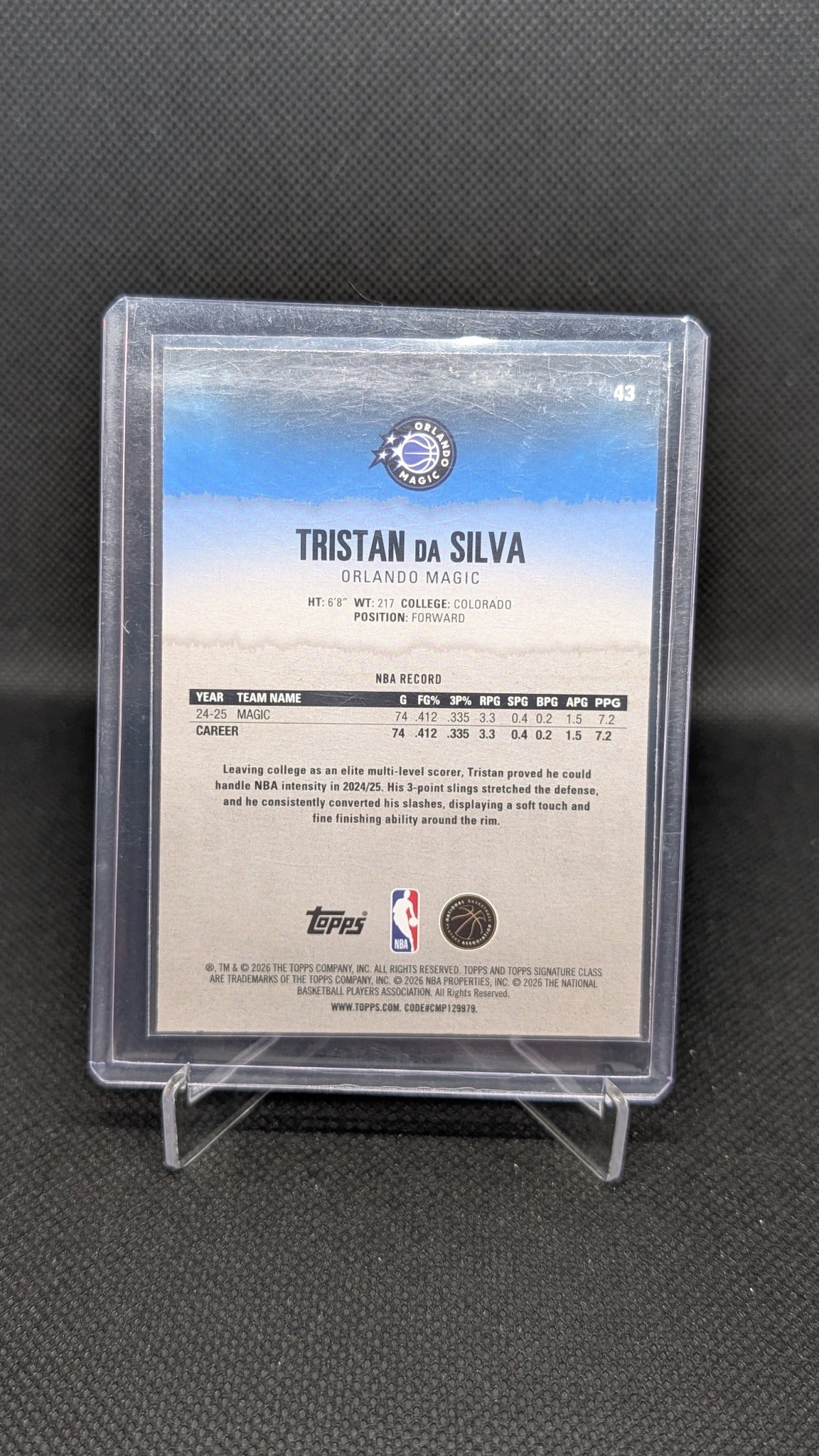 Tristan da Silva 2025-26 Topps Signature Class #43 Blue & Orange NBA basketball card