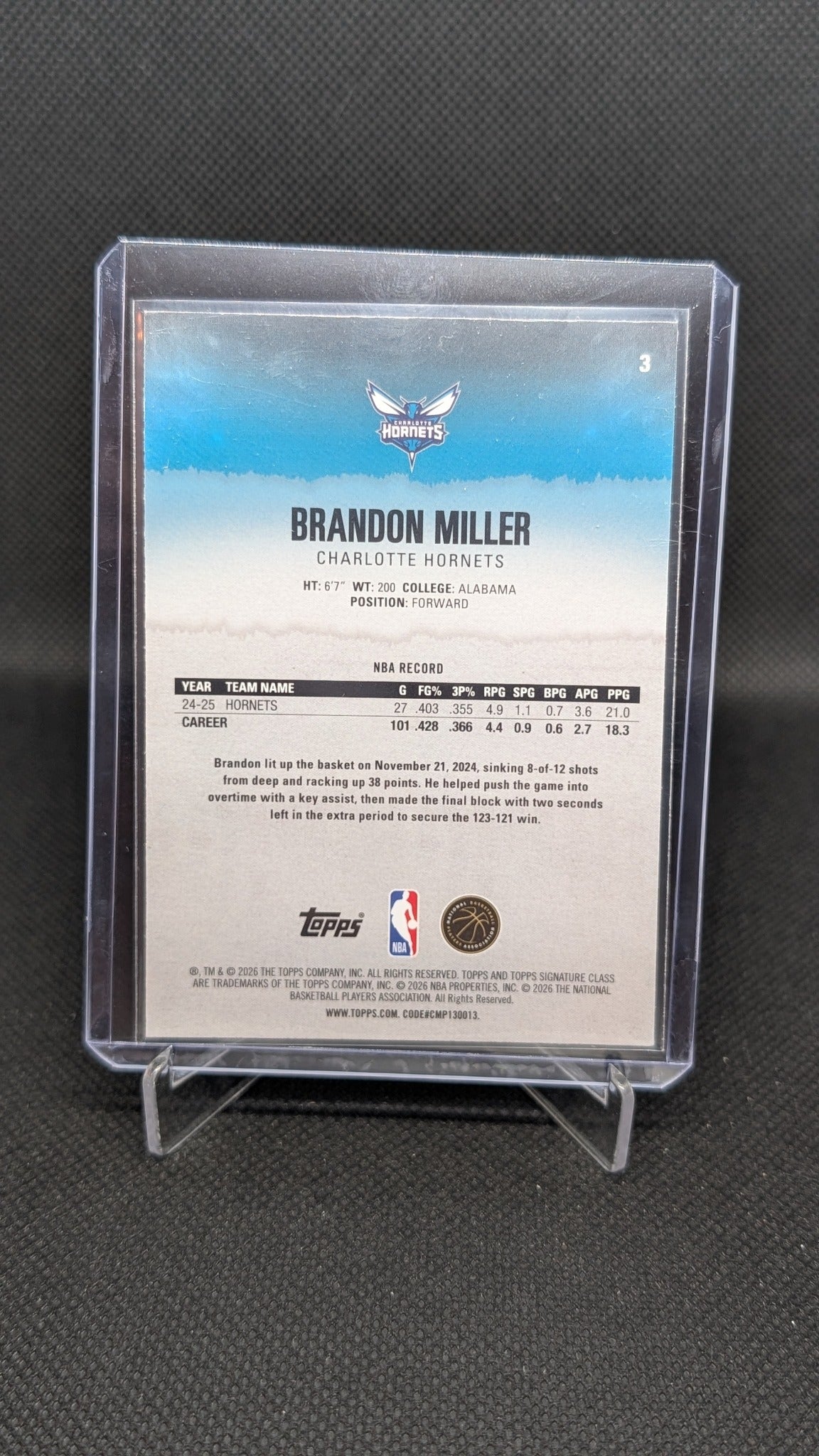 Brandon Miller 2025-26 Topps Signature Class #3 Chrome NBA basketball card