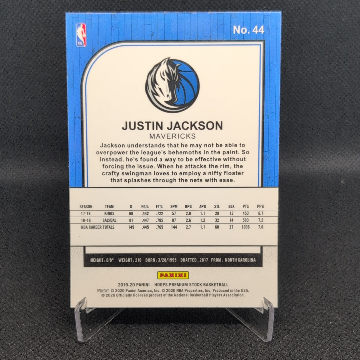 Justin Jackson 2019-20 Panini NBA Hoops Premium Stock #44 back